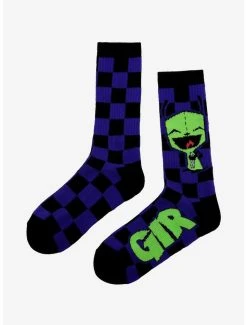 Brand new ✔️ Invader Zim GIR Purple & Black Checkered Crew 🧦 Socks 🎁 -INVADER ZIM Sales 13509699 av2
